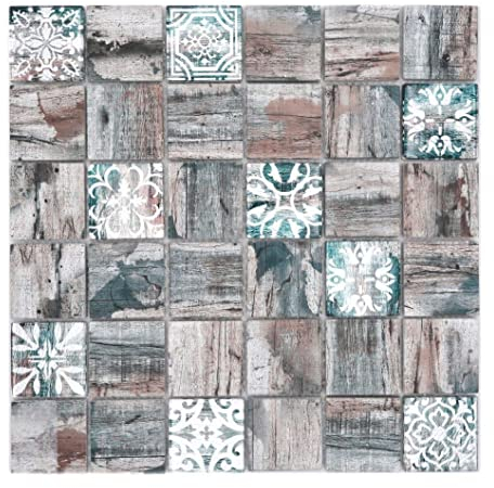 Glasmosaik Mosaikfliese Medio Vintage Patchwork grau braun pastell grün Holzoptik Ornament Wand Fliesenspiegel Küche Dusche