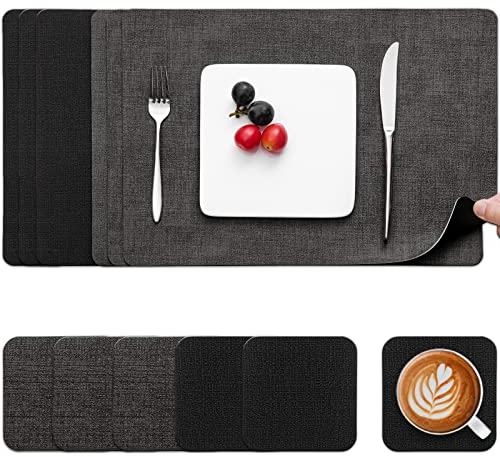 Myir JUN Tischsets Abwaschbar Leder und Untersetzer, Doppelseitigen Platzset 6er Set rutschfest Platzdeckchen Leder Kunstleder Tischset (Grau Schwarz, 6er Set)