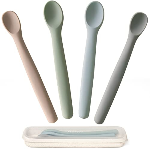 Moonkie Cuillere Bébé(4PCS),Cuilleres Silicone, Cuillère Souple pour 1er Phase du Bébé, Cuillere Bebe Apprentissage, Cuillère Bébé d'Entraînement, Idéal pour Auto-Alimentation et Sevrage Guidé