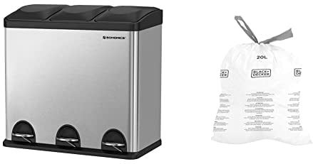 SONGMICS 54L Recycling Bin, Rubbish Bin, Steel Pedal Bin with 3 Sections, Silver and Black LTB54L & BLACK+DECKER BXBB00020E 20L Drawstring Bin Liners, 20 Pack, White