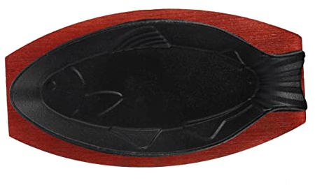 minkissy Grill Plate Steak Plate with Wood Base BBQ Pan Grill Pan Steak Frying Pans Smokeless Grill Tray Fish Grilling Rack for Grill Iron Frypan Pancake Skillet Cast Iron Teppanyaki