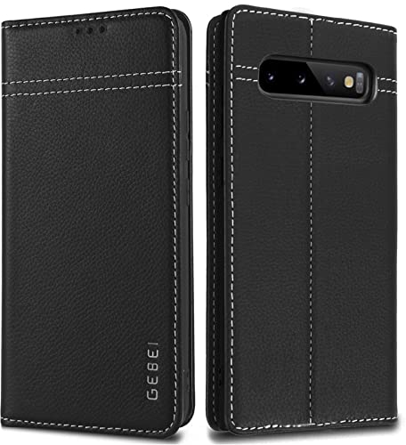 Hülle Echt Leder für Samsung Galaxy S10 Plus/S10+ (6,4“) - Premium Echte Lederhülle mit Standfunktion Kartenfach Magnetverschluss Flip Case Ledertasche Handyhülle Schutzhülle Klapphülle – Schwarz