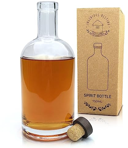 Ingenious Nesting 750ml Decanter Glass Bottle with Stopper For Whisky, Sloe Gin, Vodka, Drinks, Alcohol. With Microgram Cork Top and Wooden Engraved Lid
