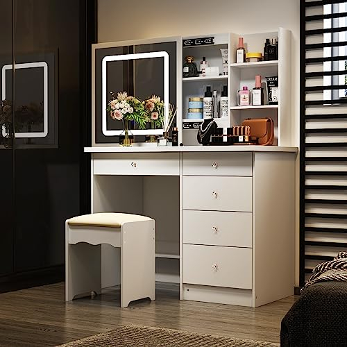 DEZAGCE Schminktisch, Kosmetiktisch mit übergroßem rechteckigem Spiegel, 5 Schubladen, Schminktische, Eitelkeit Tisch, Frisiertisch mit Hocker, Großer Stauraum, weiß, MDF, 50 x 100 x 135 cm