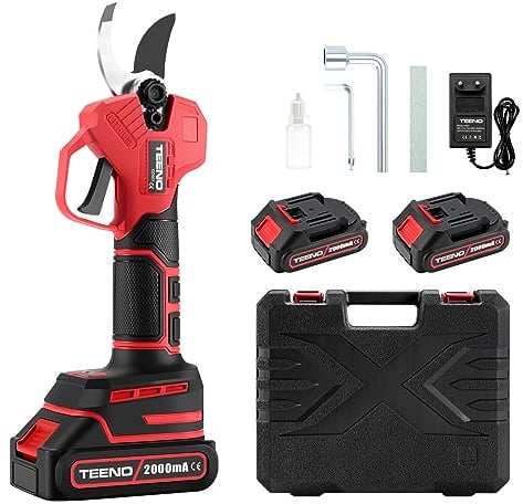 TEENO Elektrische Baumschere 21V, Professionelle Gartenschere MAX 25 mm Schnittdurchmesser, Schere Astschneider Rosenschere Kabellos mit Sicherheitsschalter, 2 * 2000mAh Akkus für 6-8 Arbeitsstunden