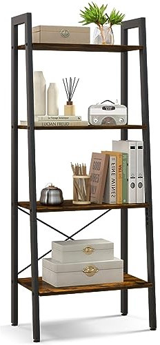 SFAREST Vintage Ladder Shelf, 4/6 Tiers Wooden Industrial Storage Rack with Adjustable Footpads, Home Office Display Bookshelf Plant Stand for Living Room Bedroom (56 x 32 x 138 cm, Rustic Brown)