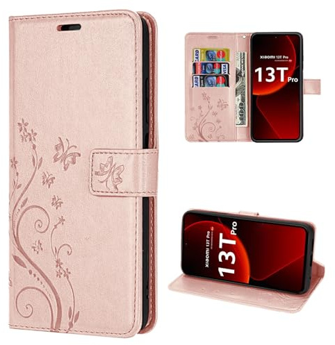 betterfon Hülle Kompatibel mit Xiaomi 13T / 13T Pro | Premium PU Leder Handyhülle Wallet Case für 13T / 13T Pro | Schutzhülle Blumen Klapphülle Handyhülle | Rosegold