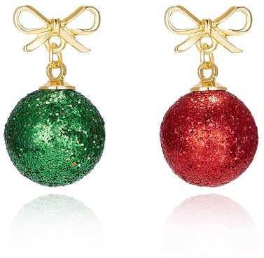 IMINI Weihnachtskugel-Ohrringe, rote und grüne Glitzerkugeln mit Schleife, hypoallergen, Urlaubsschmuck, Geschenk für Frauen und Mädchen, Metall, Neu