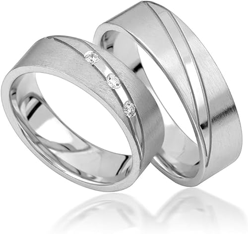 JC Trauringe aus 925 Sterling Silber Paar-Preis Ehe-Ringe mit kostenfreier Gravur I Partnerringe Verlobungsringe 6 mm breit inkl. Etui-Box I Herren-Ring ohne & Damen-Ring mit Zirkonia-Steinen I S054-S