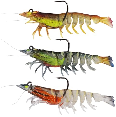 SPORWAY Pre-Rigged Fishing Jigs: 3 Stück Super Haltbare TPE-Angelköder, Realistischer Shrimp Crayfish Swimbait, für Süß- Und Salzwasser (Rot, Orange, Schwarz)
