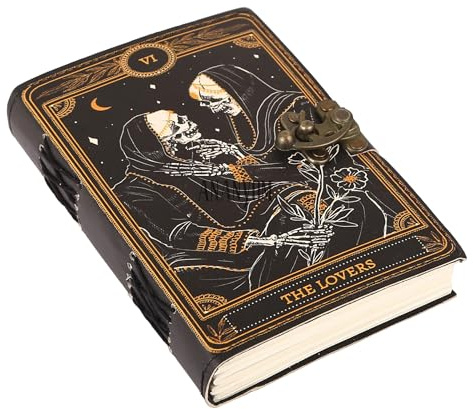 ANANYOM Handmade Leather Journal 7 x 5 Inch, Lovers Tarot Spiral Gothic, Skull Lover, Antique Vintage Leather Notebook Diary Sketchbook, 200 Blank White Paper, Unruled, Brass Clasp Lock Journal