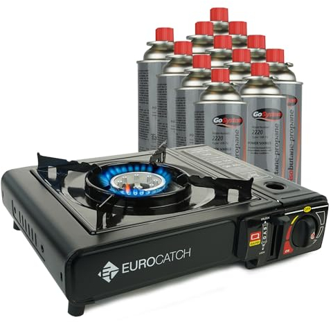 Eurocatch Fornello da campeggio - Fornello a gas - Inclusi 12 bombolette a gas - Fornello da campeggio - 12 Bomboletta cartuccia a gas