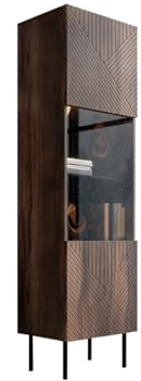 Mirjan24 Vitrine Aropo 51, Standvitrine mit gefräster Front, Vitrinenschrank mit 6 Einlegeböden, Hochschrank, Glasvitrine für Wohnzimmer (Nuss Warmia)