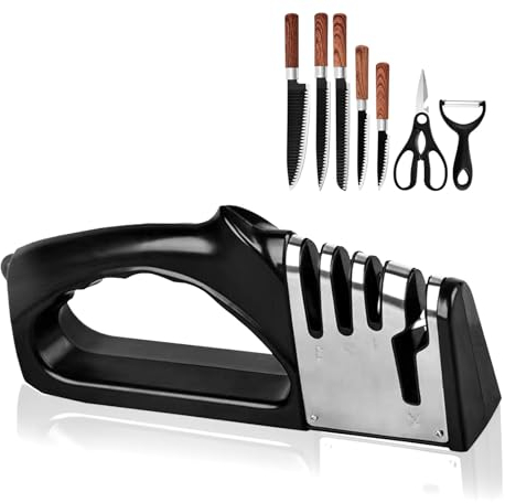 Messerschärfer, 4-in-1 Messerschleifer, Messerschärfer Profi mit ergonomischem Griff, Messer schleifer mit rutschfestem Gummi, Perfekt für Küchenprofis, Hobbyköche und Outdoor-Fans