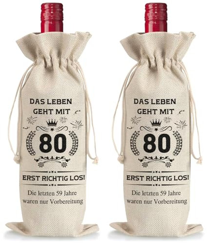 2 Stück Weinflasche Tasche Jute, Geschenke zum 80 Geburtstag Mann Frau, Weinbeutel Wiederverwendbare Wein Geschenkbeutel mit Kordelzug Wein Geschenktasche Weinflaschen Geschenktüten für Sektflaschen