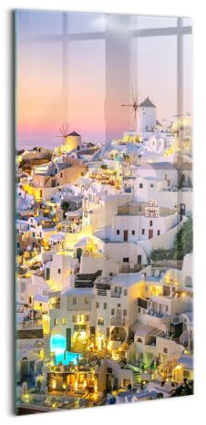 Wallfluent Dicke 4mm Wandbild Glasbild Gehärtetes Glas Mit Motiv 70x140cm Bild Wanddekoration Für die Küche Badezimmer und Schlafzimmer - Architektur von Santorini am Abend Griechenland