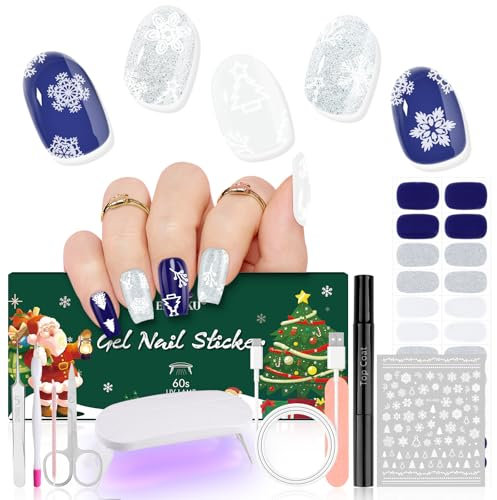 EBANKU Christmas Semi Cured Gel Nail Strips, 24PCS Gel Nail Stickers with Glitter - Easy to Apply & Remove