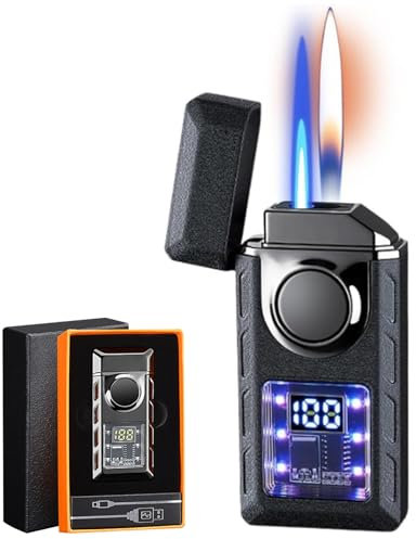 Multi-Funktionales Doppelflammen Feuerzeug Mit Farbigen Lichtern, Intelligente Jetflamme Mit Einstellbarer Flamme, Nachfüllbares Butan-Geschenk für Männer (S02)