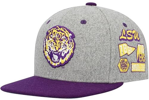 Mitchell & Ness LSU Tigers Melton Patch Snapback Hat Cap, Grau/Lila, Grau/Violett, Einheitsgröße