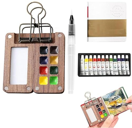 Mini kit de peinture aquarelle de voyage, palette portable avec 8 grilles, ensemble d'aquarelle de poche de voyage avec clip en métal, palette de peinture aquarelle 12 couleurs avec stylo