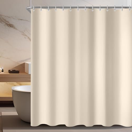 Lerores Duschvorhang 180x220cm Beige, Beschwerter Saum Antischimmel Textil, Wasserabweisend, Waschbar Polyester Stoff Badevorhänge für Badezimmer, Badewanne mit 12 Duschvorhangringe