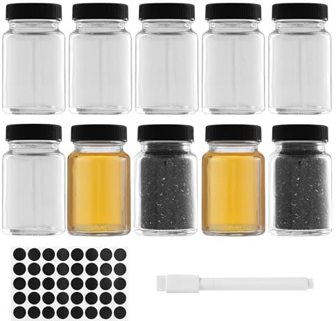 BUCOMTU 10 Mini Bouteilles Verre 60ml, Flacon Verre réutilisable avec étiquettes et stylo pour le tri des boissons, pots à condiments