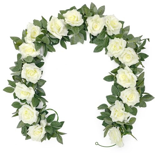 2 x 200m Guirlande de Rose Artificielles avec Feuille de Lierre Simulation Rose Fleurs Artificielles à Suspendre Fleur Guirlande Vigne Suspendue pour Mariage Décoration Maison Jardin (Blanc*2)