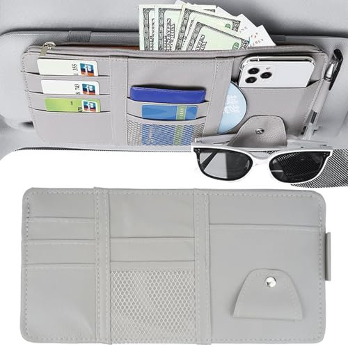 Car Sun Visor Organizer, 31 x 15.5 cm Car Interior Leather Holder, with 9 Pockets and 1 Eyeglasses Clip, Mmultifunctional Storage Bag for Sunglass, Documents, Cards, Pen, Drivers License (Grey)