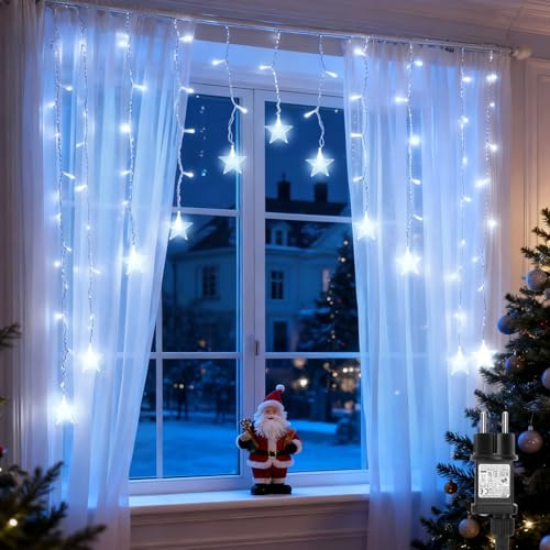 Aigostar LED Lichtervorhang, 3M + 1.5x1.2M, 82 LEDs, Lichterketten Vorhang Innen, 8 Modi mit Memory & Timer, IP44, für Innen Außen, Weihnachten Hochzeit Party Schlafzimmer(Kaltweiß)