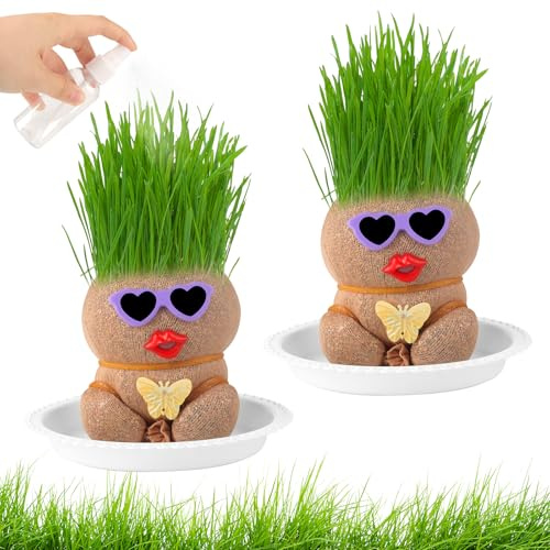 Lot de 2 têtes d'herbe pour enfants - Tête d'herbe - Plante d'herbe - Plante pour enfants - Mini bonsaï - Tête de fleur - Bonsaï avec plateau - Plantes en pot pour chambre à coucher