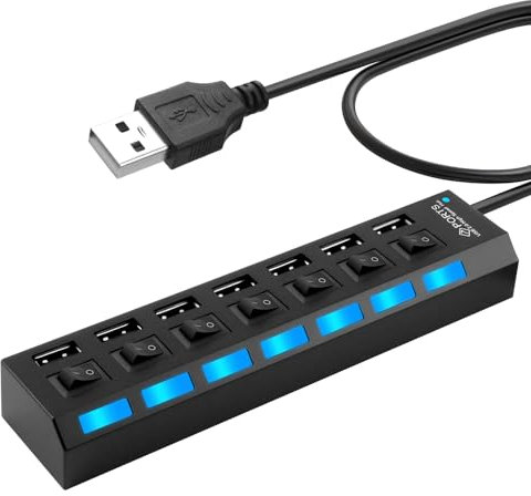 Hub USB 2.0, Multipuerto USB Portátil con 7 Puertos e Interruptores LED Individuales, Hub USB Alimentado de Alta Velocidad con Adaptador para Ordenador y Otros Dispositivos, Compacto y Práctico