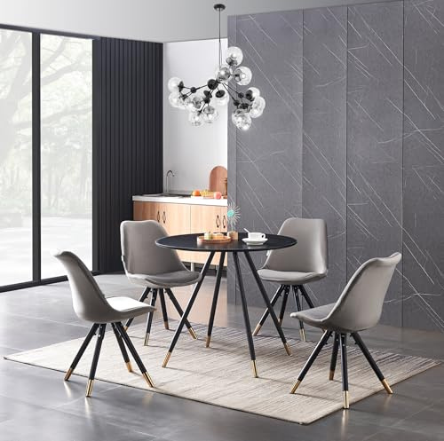 P&N Homewares Sofia Dorchester LUX Round Dining Table Set – Marble Effect Top, 4 Velvet Chairs – Scandinavian Style, Black Metal Legs with Gold Tips – Kitchen Dining Room Furniture