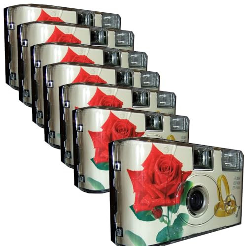 PHOTO PORST - 7 fotocamere usa e getta, edizione Rose & anelli, con flash, batterie e pellicola (confezione da 7, 27 scatti)