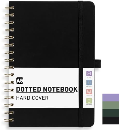 PYNEX Notizbuch A5 Dotted, Hardcover,Notebook, Notizblock Spiralbindung With 140 Blatt 100GSM, Tagebuch für Erwachsene,Schule - Schwarz