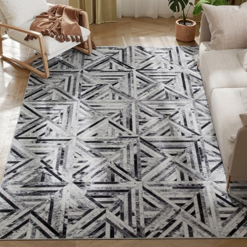 HOMCOM Modern Area Rug, Triangle Pattern Non-Slip Washable Rug, Chenille Floor Carpet for Living Room, Bedroom, Dining Room, Home Office, 230 x 160 cm, Black