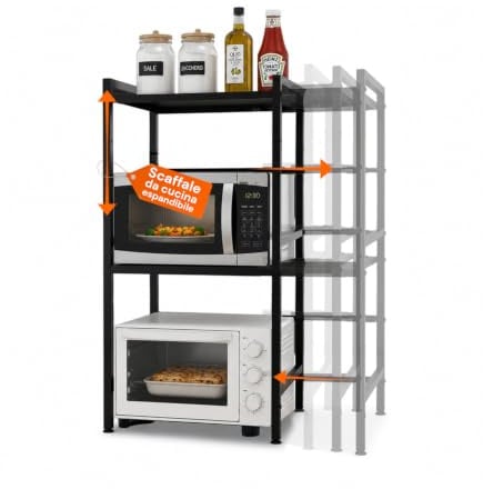 Avilia – Scaffale a 3 Ripiani, 25kg Espandibili e Regolabili, Cucina Microonde, Organizer Spezie Utensili Elettrodomestici, 6 Ganci Laterali Salvaspazio Dispensa Lavanderia Acciaio