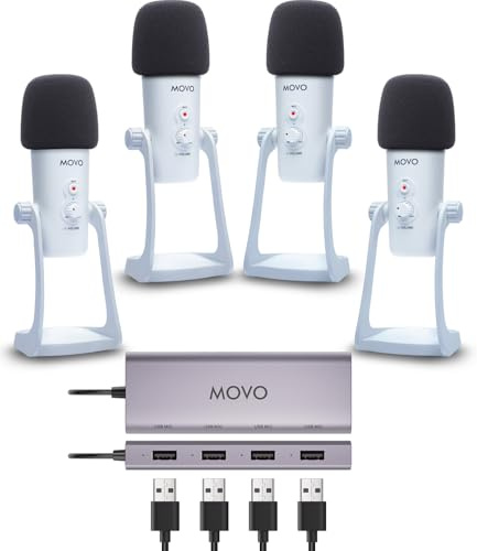 Movo USB Podcast Equipment Bundle for 4 – USB Interface with 4 UM700 Condenser Microphones – 4-Port Powered Hub for Streaming, Podcasting, Interviews (White)