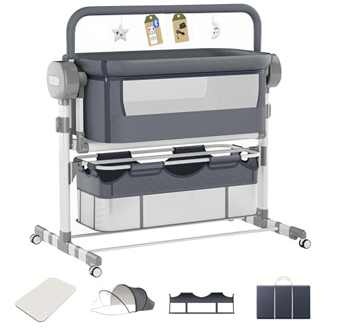 Aveainelle Babybett und Multifunktionales Kinderbett, Parallelschwingung, Faltbare und Umwandelbare Babywiege, Verstellbare Beistellbett, Co-Sleeping Babybett und Rollen (608 Grau)