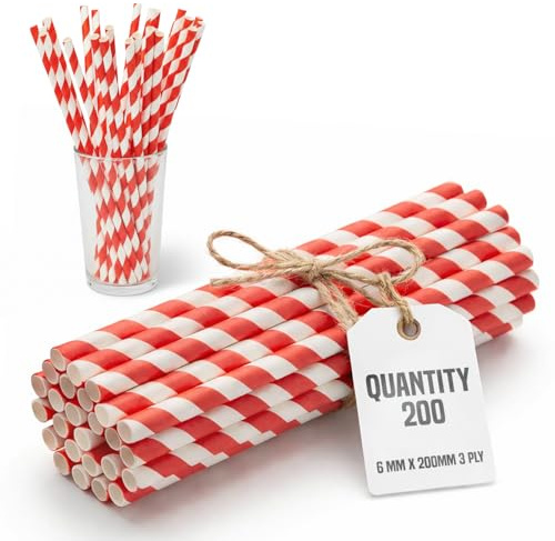 200 Paper Drinking Straws Red Striped 6mm x 200mm Compostable Kraft Eco