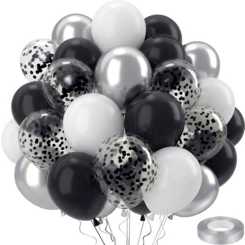 QIFU 50 Stück 12 Zoll Luftballons Schwarz Weiß Silber,Ballons Schwarz Konfetti Luftballons Metallic Silber Helium Latex Ballons Für Geburtstagsdeko Hochzeit Graduation Jahrestag Party Deko