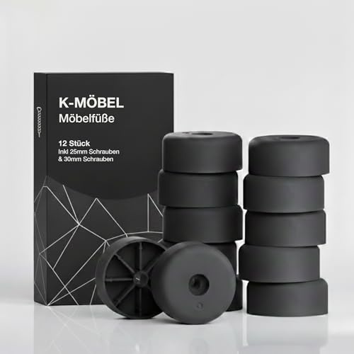 K-Möbel Möbelfüße Kunststoff 12 Stück 40x20mm inkl 25mm & 30mm Schrauben - Made in Germany - Füße für Möbel bis 300kg belastbar - Schrankfüße Schwarz - Möbelbeine für Schrank, Sofa, Tisch etc
