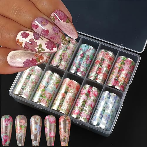 Zosutetoxo Nail Transfer Foil 10 Pieces, Flower Design Transfer Foil Nails with Storage Box, DIY Nail Design Manicure Foil