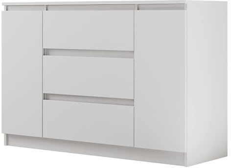 BEAUTY SOFA Kommode mit 3 Schubladen & 2 Türen, Sideboard Weiß Matt in Holzoptik, Wohnzimmerkommode & Schranksystem für Flur, Modell Lemon, 140x78x39 cm