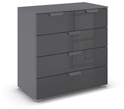 Rauch Möbel ADITIO, Kommode, Farbe Grau metallic/Glas Basalt, Breite 80 cm | Sideboard im modernen Look, 5 Schubladen, Glasfront, Soft-Close-Funktion, für Schlafzimmer, Gästezimmer, Wohnzimmer, Flur