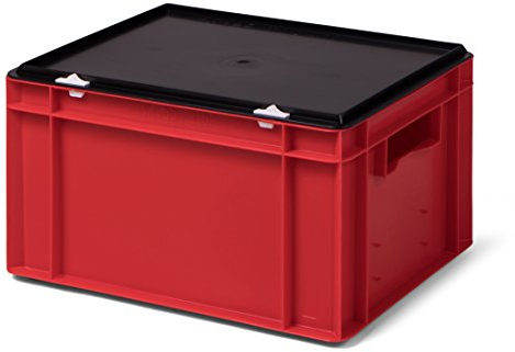 Transport-Stapelboxen-Set (4 St.) / Lagerbehälter KTK 400/210-0, rot, mit schwarzem Verschluß-Deckel, Abm. 400x300x221 mm (LxBxH)