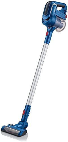 Severin HV 7158 Scopa aspirapolvere senza filo, Ciclonica, Spazzola motorizzata, Luci a LED, Animal Care, Filtro HEPA longlife, 140 W, 0,65 L, 76 Decibel, Blu/Argento