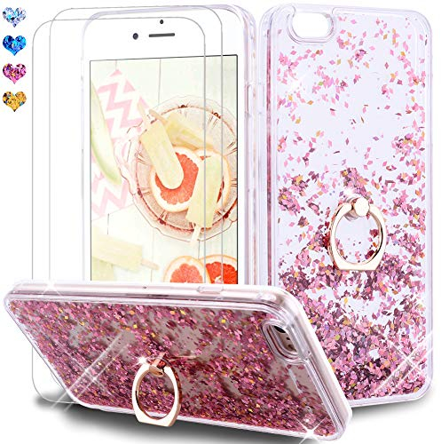 Feyten iPhone 6S Plus/iPhone 6 Plus Case with Tempered Glass Screen Protector [2 pack], Sparkly Glitter Bling Flowing Liquid Floating Case Cover with Kickstand for iPhone 6S/6 Plus 5.5 (Rose Gold)
