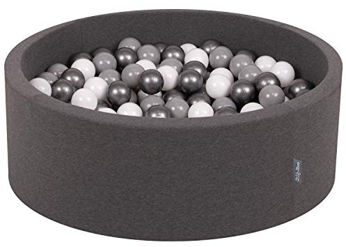 KiddyMoon Bällebad 90X30cm/300 Bälle ∅ 7Cm Bällepool Mit Bunten Bällen Für Babys Kinder Rund, Dunkelgrau:Weiß/Grau/Silbern