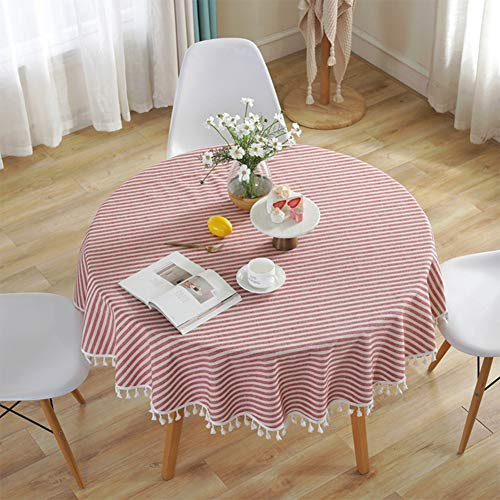 meioro Striped Tassel Table Cloth Round Kitchen Tablecloth, Red, R100cm | Cotton Blend Table Cover, Red and White Gingham Tablecloths, Washable Outdoor Table Protector for Boho Farmhouse Dining Room