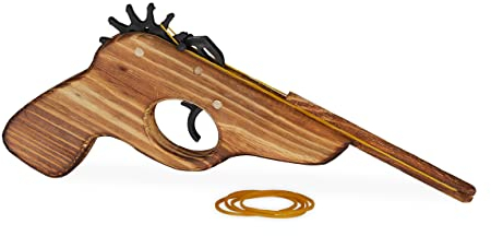Relaxdays 2 x Gummiband Pistole, Spielzeugpistole aus Holz, mit 10x Gummiband, lustiger Spielspaß für Kinder, Outdoor, Natur